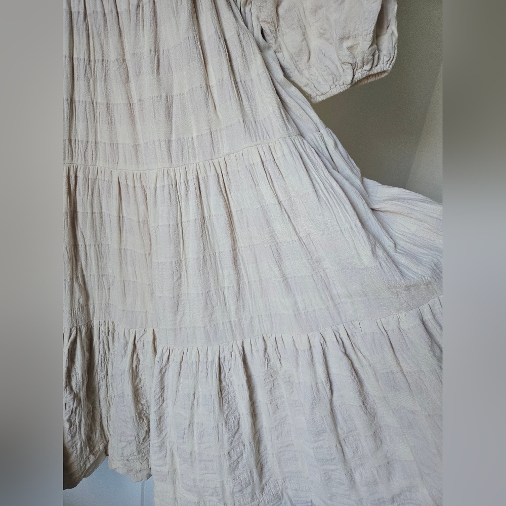 Smocked Square-Neck Midi Dress in Beige - Picture 3 of 4